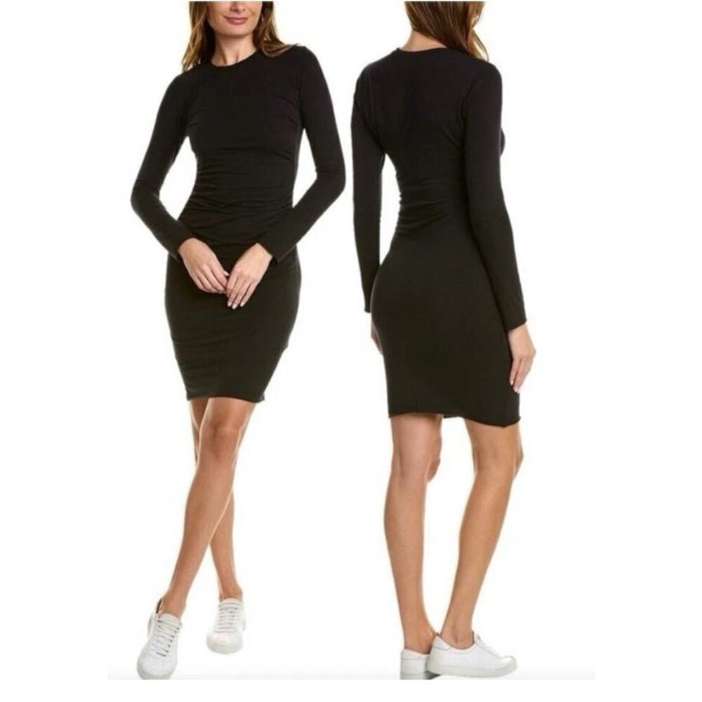 James Perse Black Dress Size 3 Large Ruched Mini Dress Long Sleeve Comfort Basic